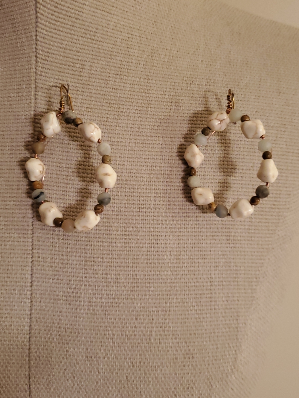 Handcrafted White Stone Hoop Earrings with Matte Gray Beads
